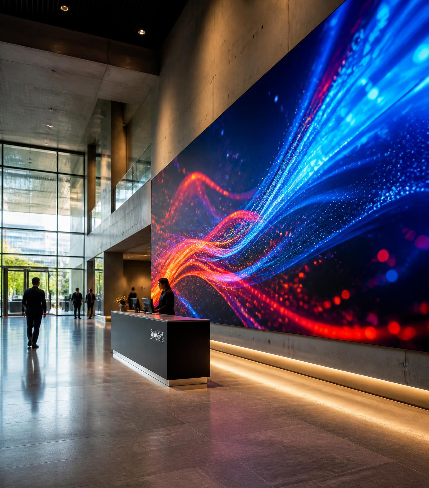 Premium LED video wall installed in a modern corporate lobby