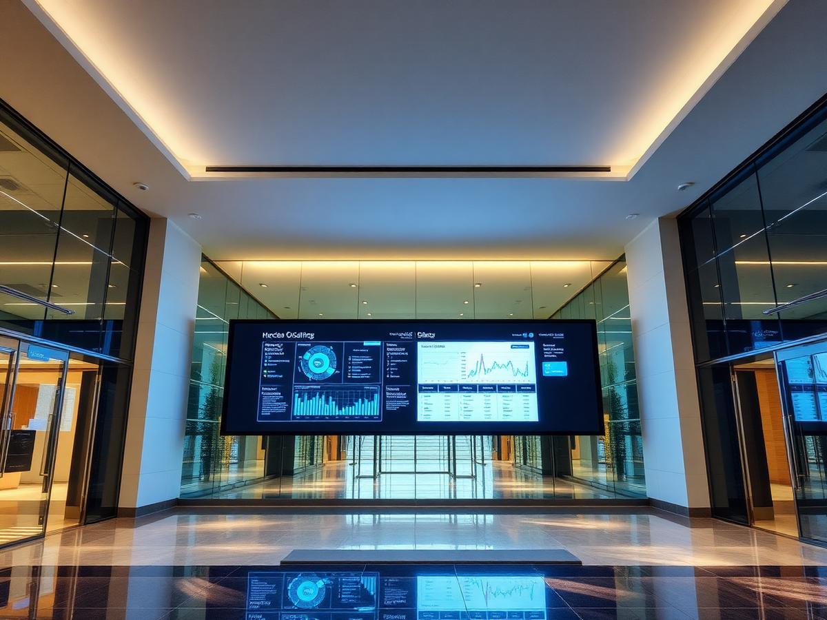 Corporate lobby with an LED video wall showing dashboards